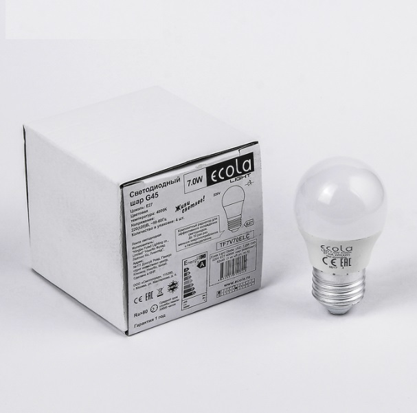 Ecola Light Globe LED 7,0W G45 220V E27 2700K шар (композит) 82x45 (1 из ч/б уп. по 4)