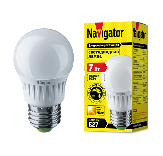Лампа светодиодная Navigator LED 7вт Е27 диммируемая белый шар ETM2857792 (20500)