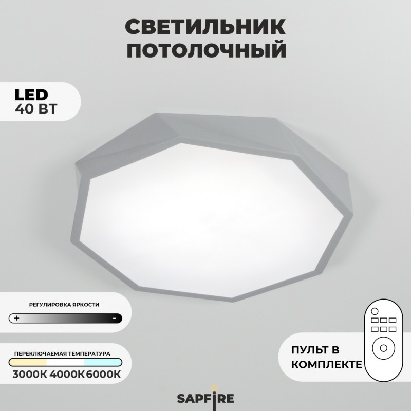 Светильник потолочный SAPFIR SPF-9499 СЕРЫЙ ` D420/H50/1/LED/40W 2.4G COSMOPOLITAN SPFD