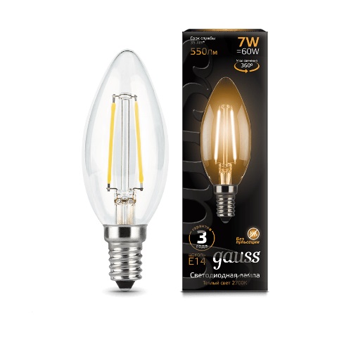 Лампа Gauss Filament Свеча 7W 550lm 2700К Е14 LED 1/10/50 103801107