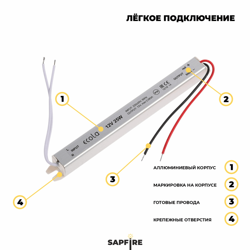Ecola LED strip Power Supply 38W 220V-12V IP20 длинный и тонкий блок питания для светодиодной ленты