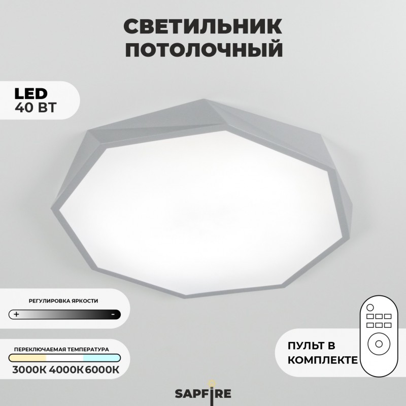 Светильник потолочный SAPFIR SPF-9507 СЕРЫЙ ` D520/H50/1/LED/40W 2.4G COSMOPOLITAN SPFD
